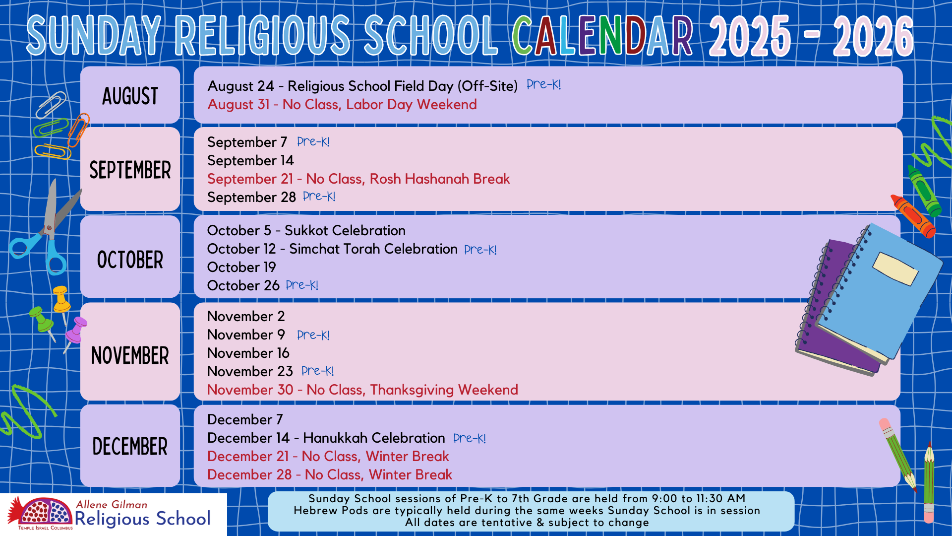 Religious School Calendar