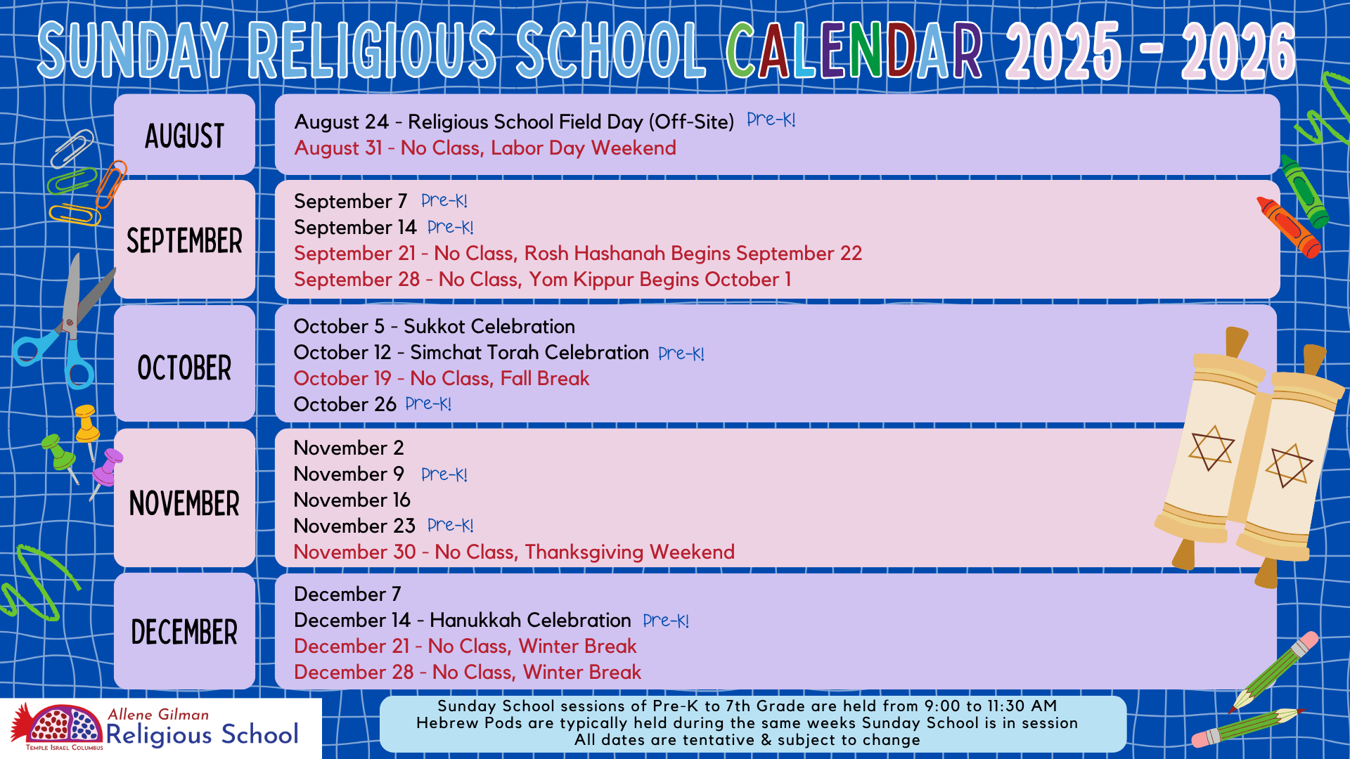 Religious School Calendar