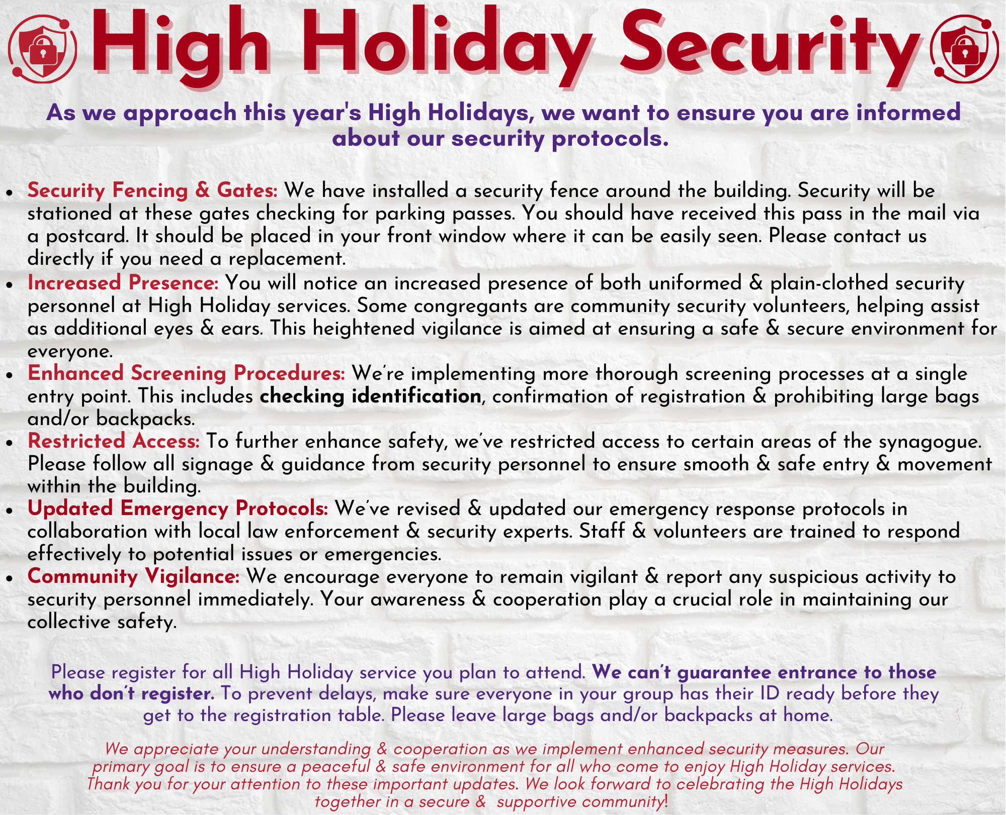 High Holiday Security and Parking High Holiday Security and Parking