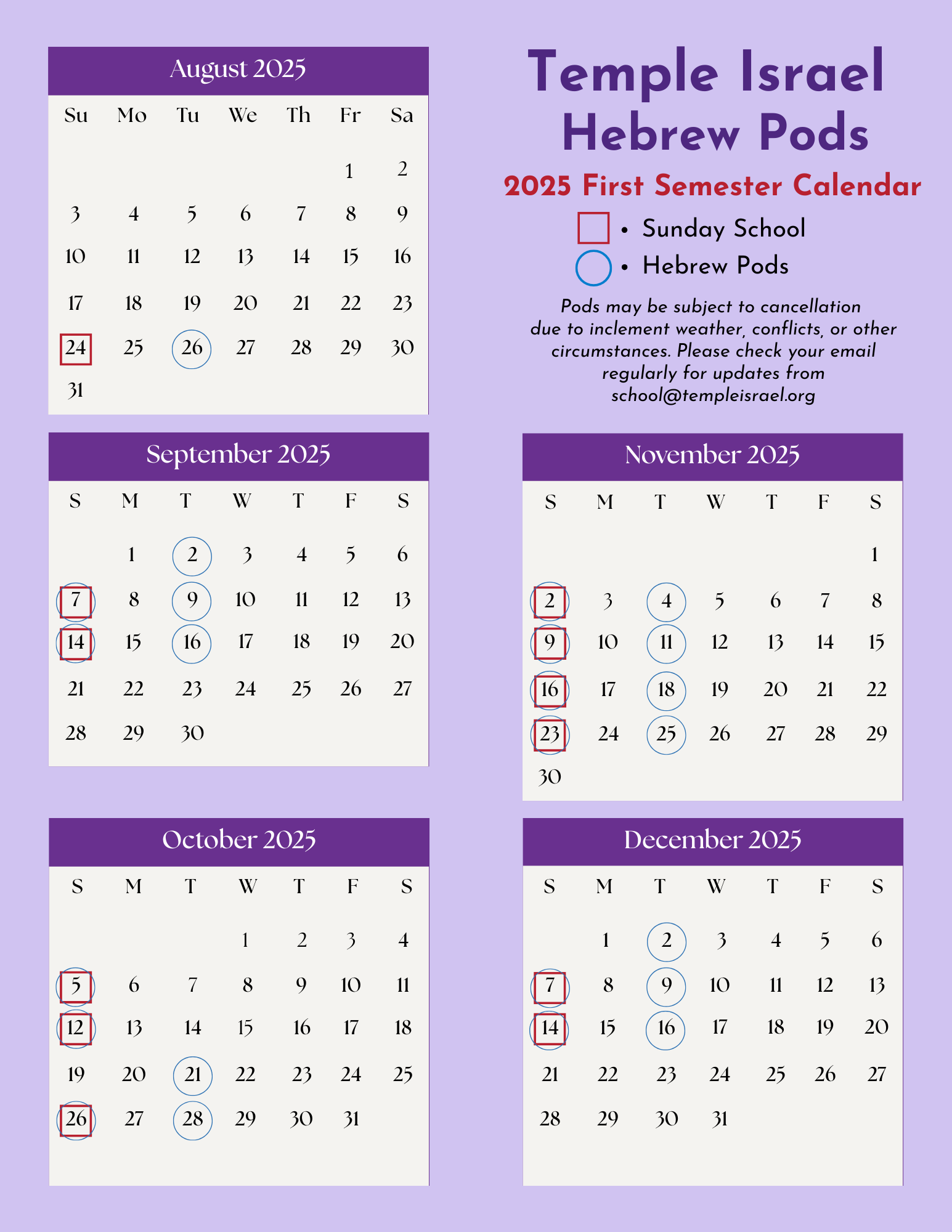 Religious School Calendar